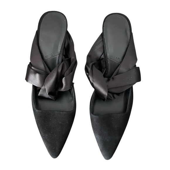 Mango Shoes - NWT Mango Classic Solid Black Genuine Leather Tied Down Knot Heeled Mules Shoes
